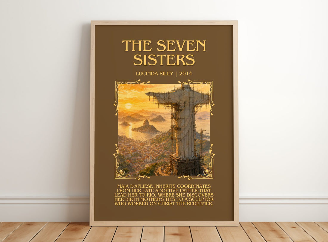 The Seven Sisters Minimalist Book Poster by Lucinda Riley – framed print leaning on a wooden floor