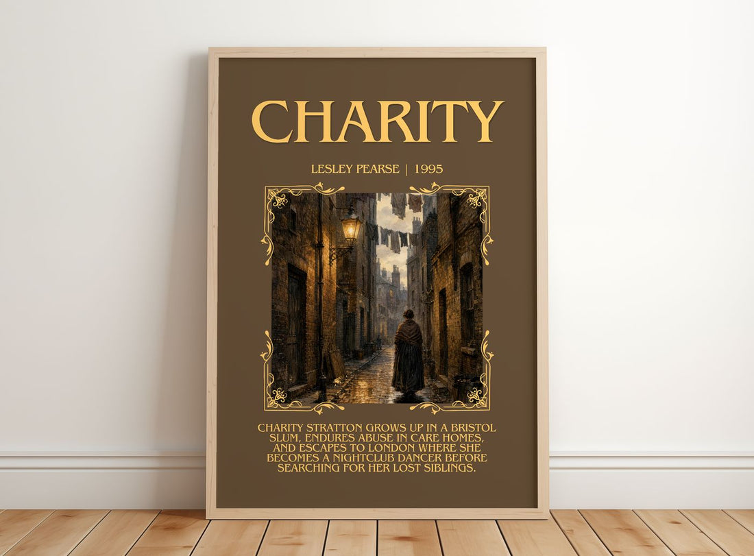 Charity Minimalist Book Poster by Lesley Pearse – framed print leaning on a wooden floor