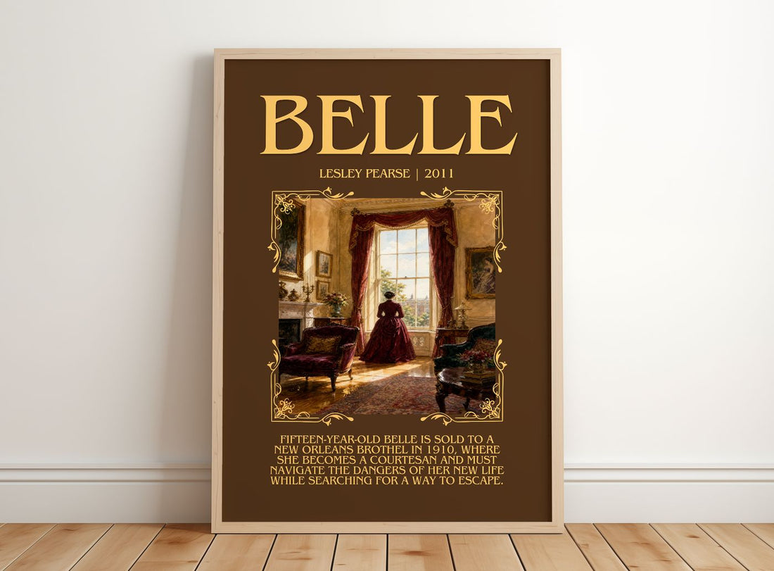Belle Minimalist Book Poster by Lesley Pearse – framed print leaning on a wooden floor