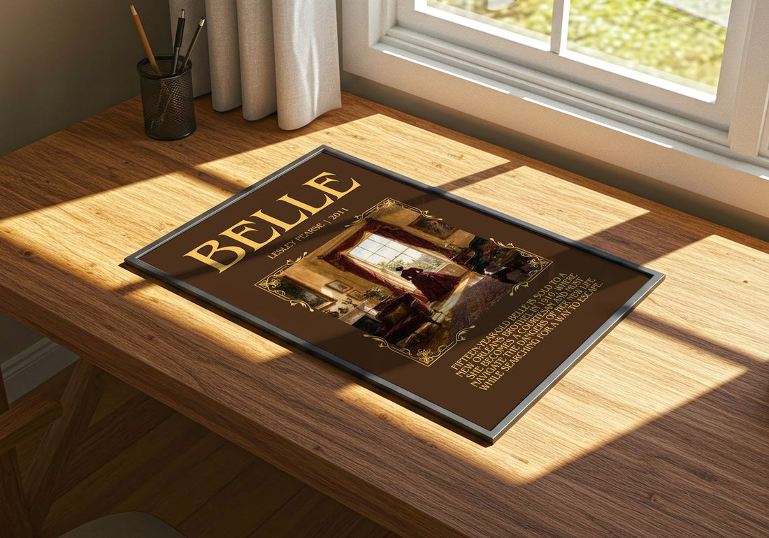 Belle Minimalist Book Poster by Lesley Pearse – print on a sunlit desk