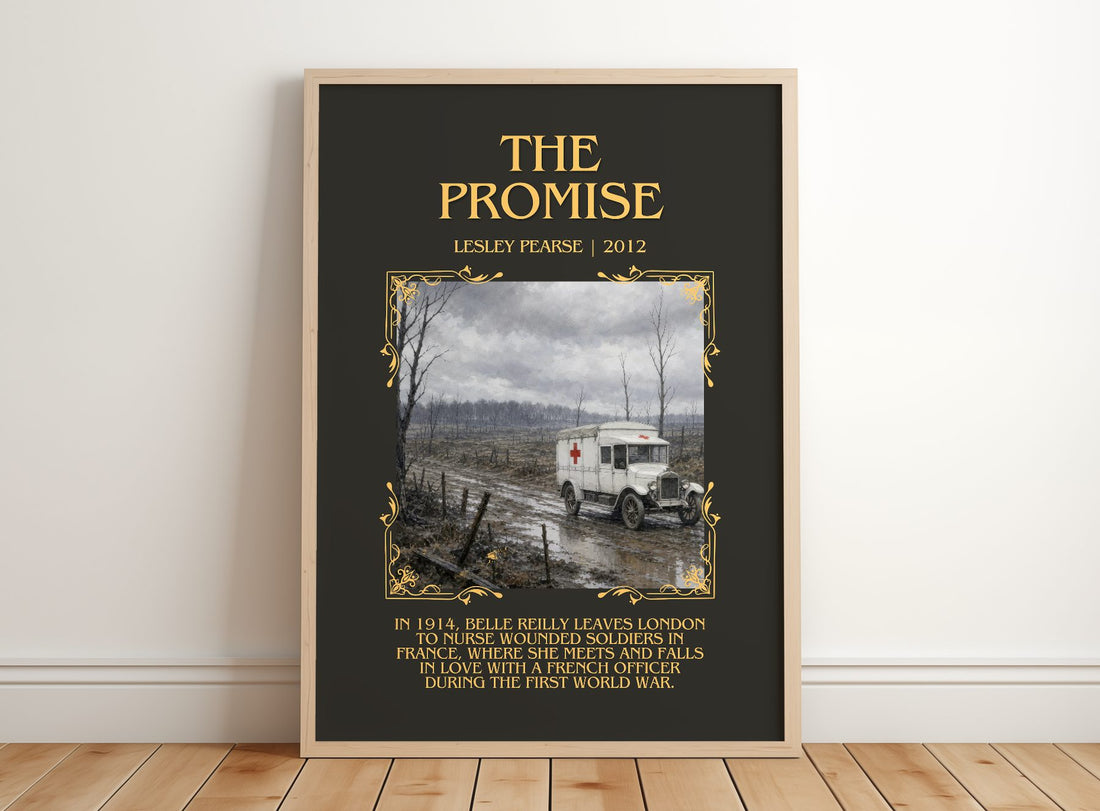 The Promise Minimalist Book Poster by Lesley Pearse – framed print leaning on a wooden floor