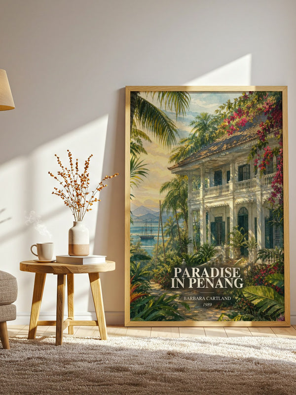 Paradise In Penang watercolour print in frame leaning in hallway – romance wall art