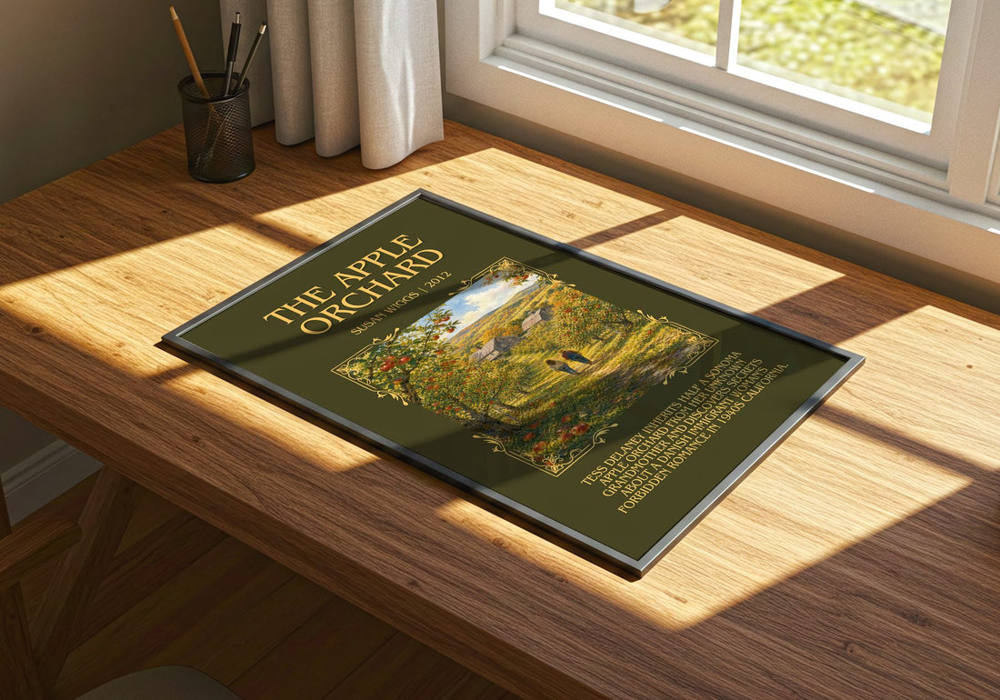 The Apple Orchard Minimalist Book Poster by Susan Wiggs – print on a sunlit desk