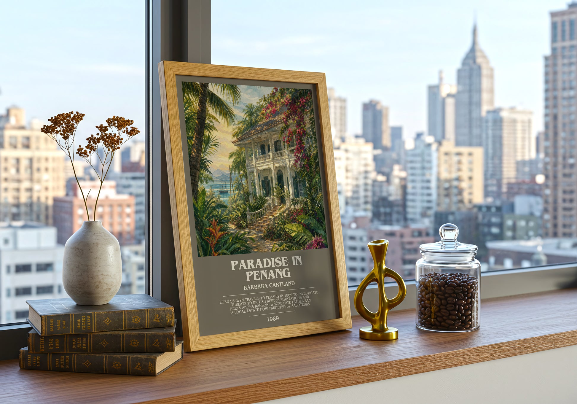 Paradise In Penang bookish print framed by window – literary home decor