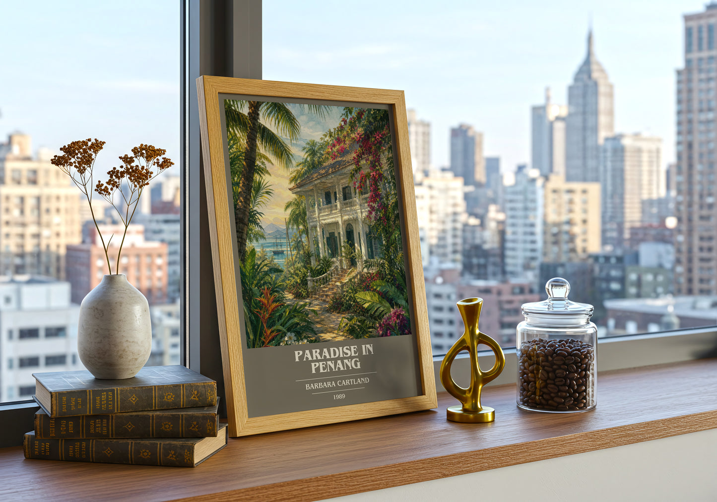Paradise In Penang book cover print framed by window – literary home decor