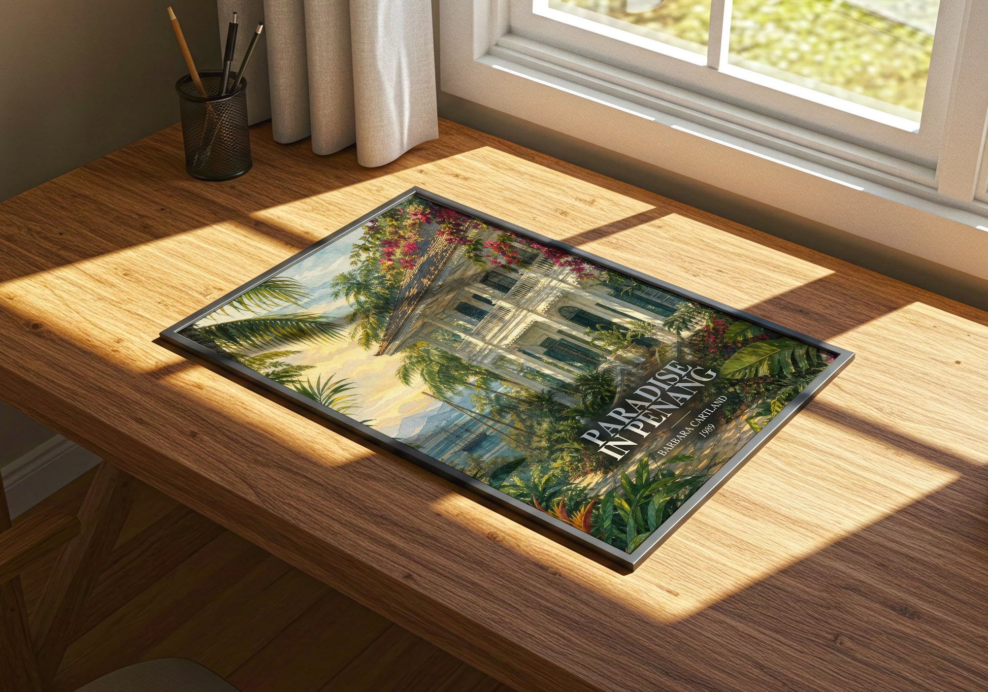 Paradise In Penang watercolour book poster framed on wall – romance wall art