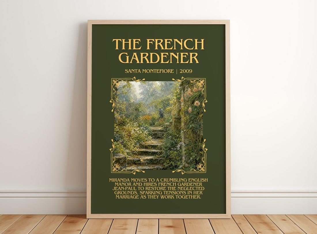 The French Gardener Minimalist Book Poster by Santa Montefiore – framed print leaning on a wooden floor