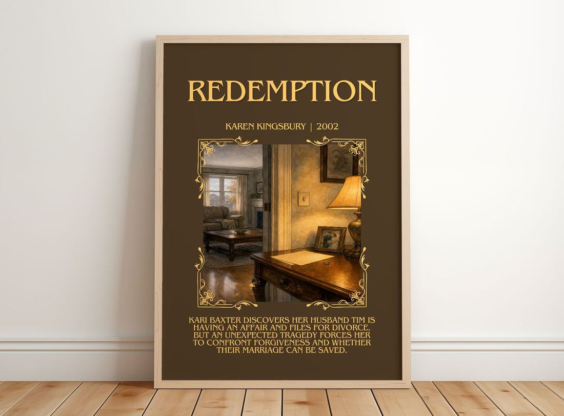 Redemption Minimalist Book Poster by Karen Kingsbury – framed print leaning on a wooden floor