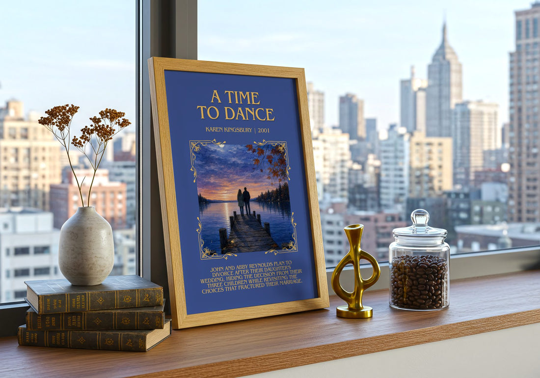 A Time to Dance Minimalist Book Poster by Karen Kingsbury – framed print on a city-view windowsill