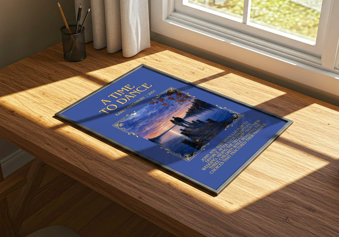 A Time to Dance Minimalist Book Poster by Karen Kingsbury – print on a sunlit desk
