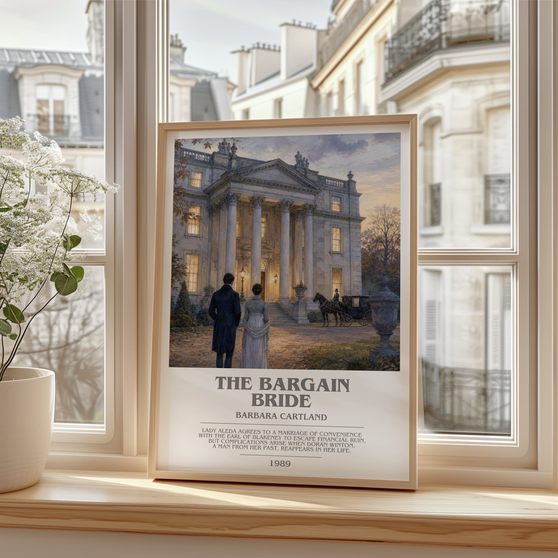 The Bargain Bride bookish poster colour and style options – Barbara Cartland book art