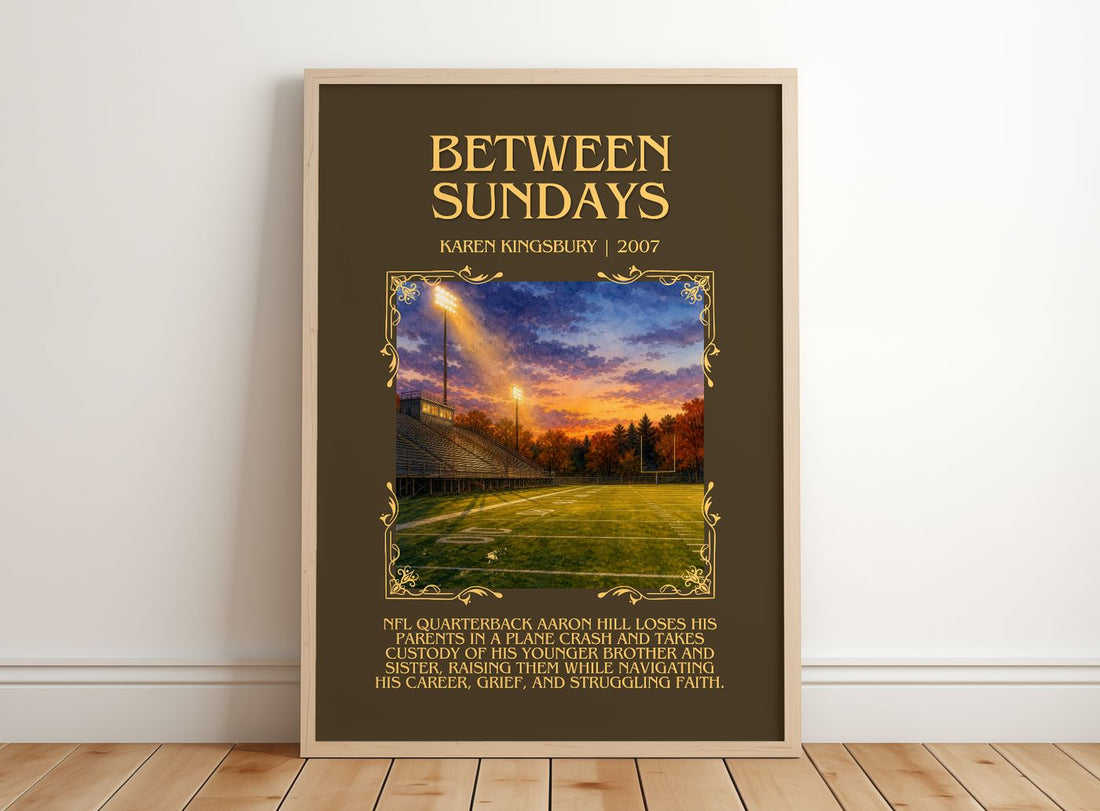 Between Sundays Minimalist Book Poster by Karen Kingsbury – framed print leaning on a wooden floor