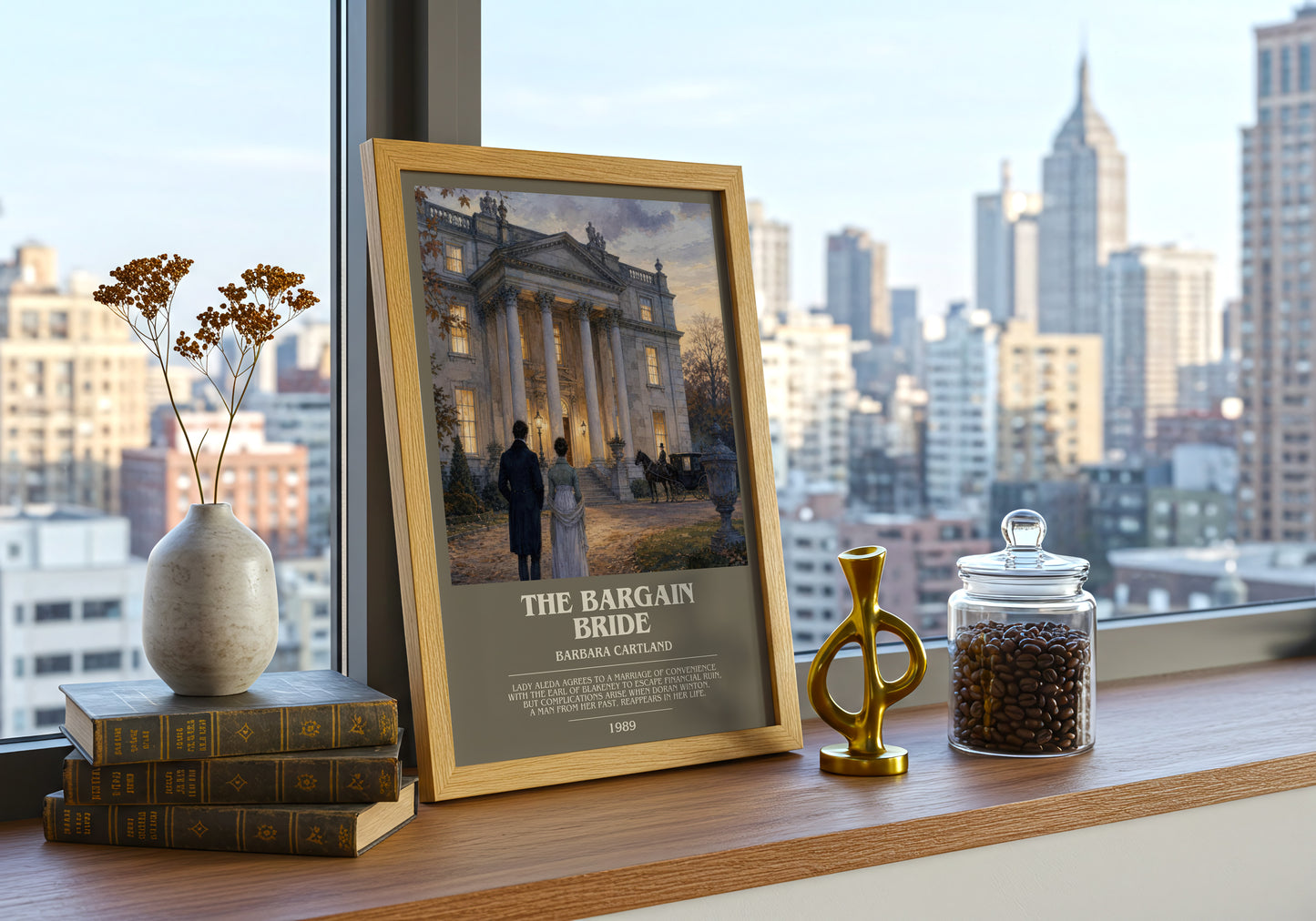 The Bargain Bride bookish print framed by window – literary home decor