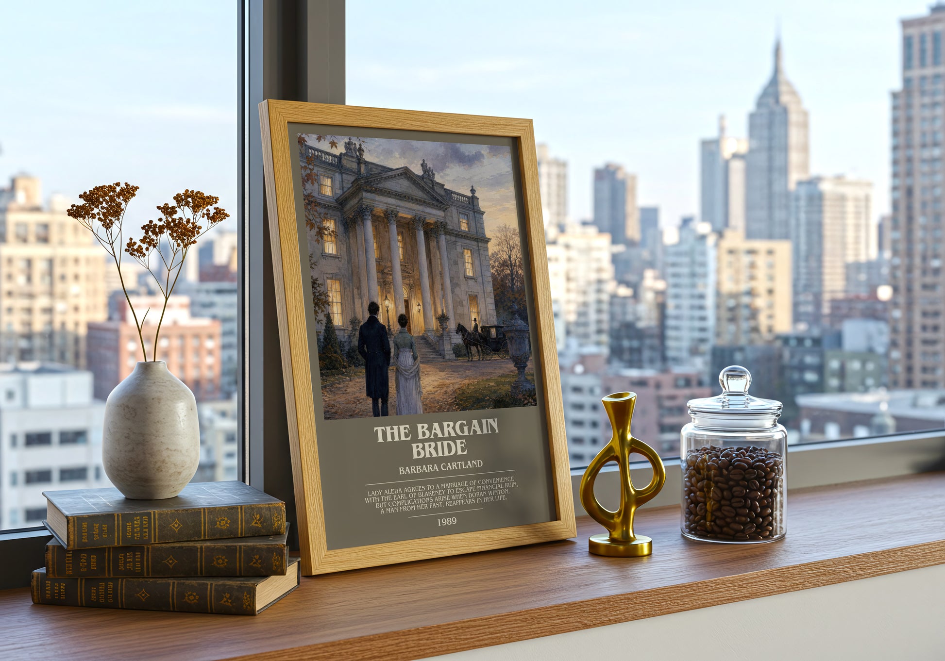 The Bargain Bride bookish print framed by window – literary home decor