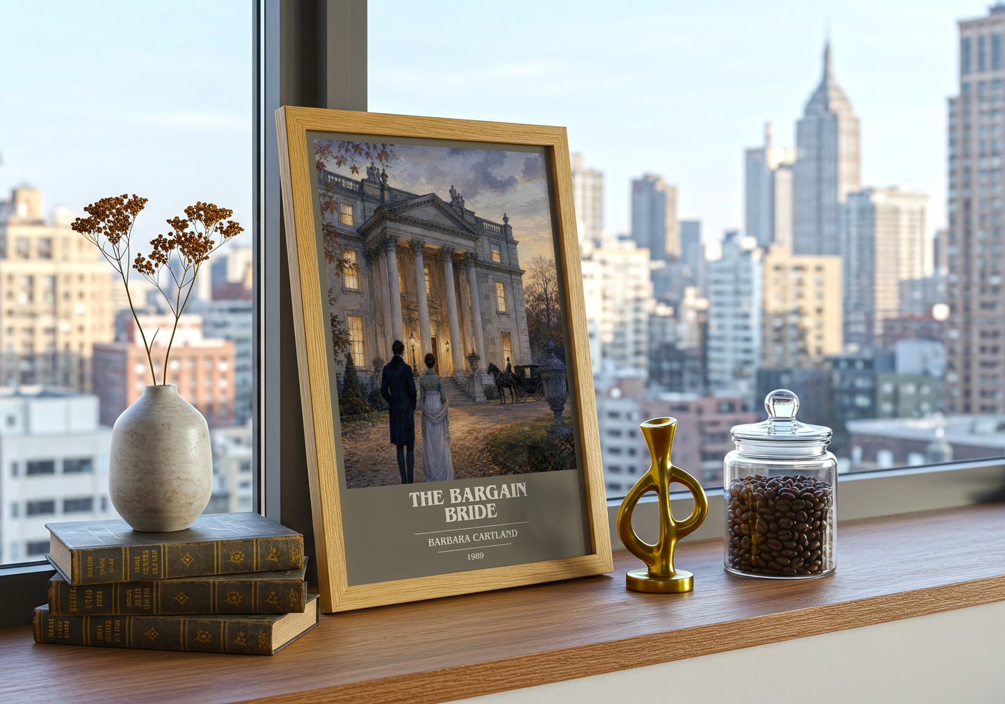 The Bargain Bride book cover print framed by window – literary home decor