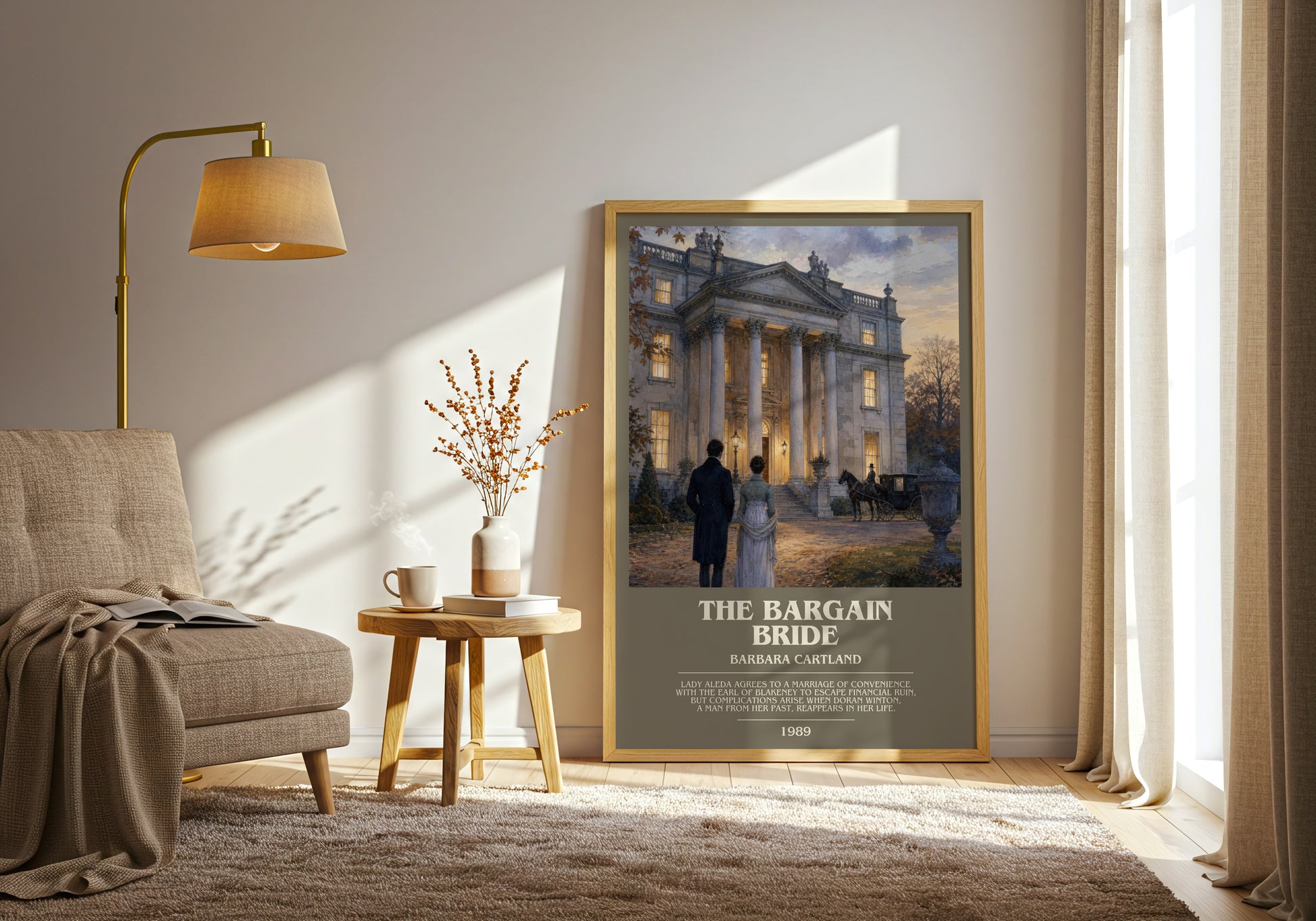 The Bargain Bride bookish print on bookshelf – Barbara Cartland fan gift