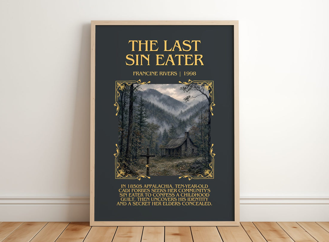 The Last Sin Eater Minimalist Book Poster by Francine Rivers – framed print leaning on a wooden floor