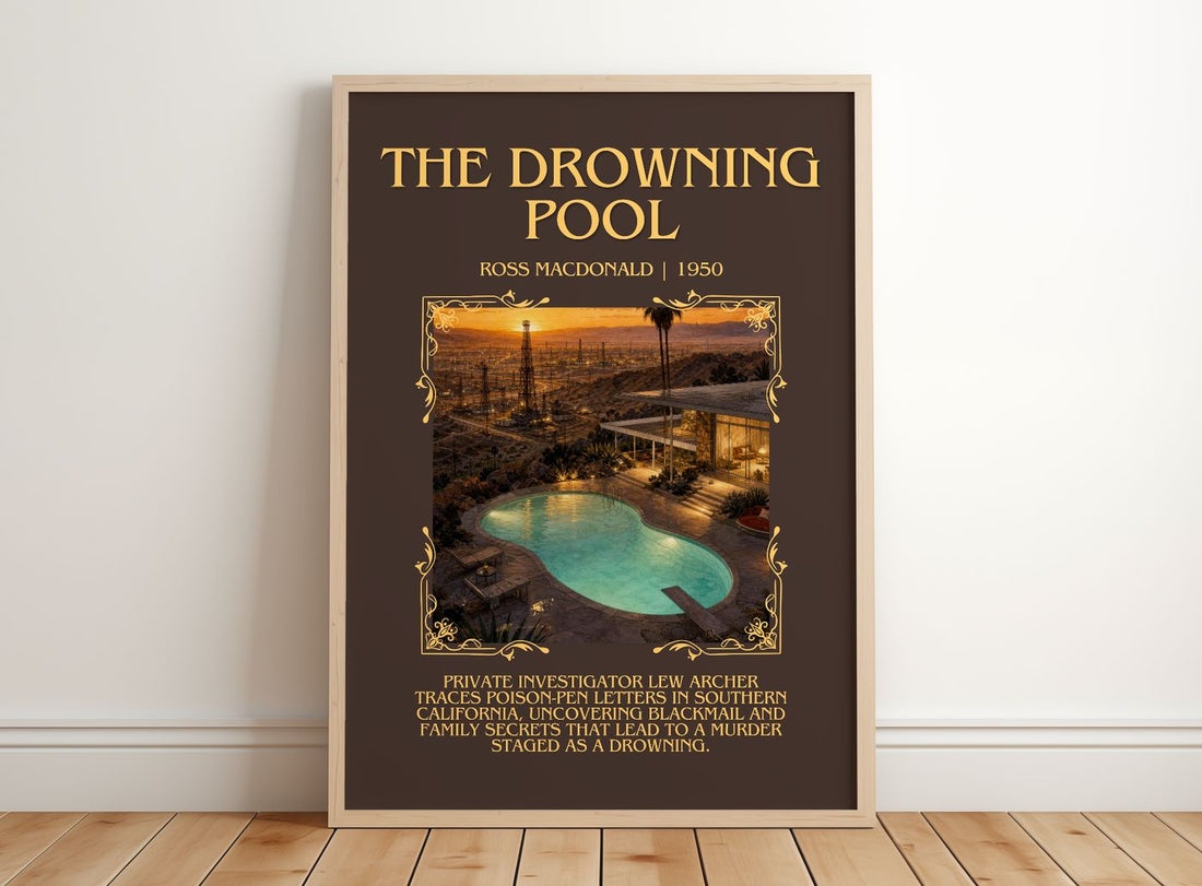 The Drowning Pool Minimalist Book Poster by Ross Macdonald – framed print leaning on a wooden floor
