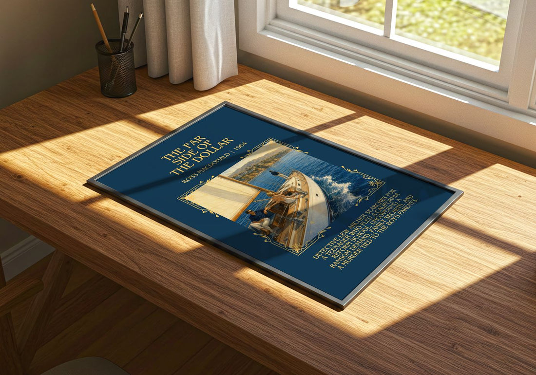 The Far Side of the Dollar Minimalist Book Poster by Ross Macdonald – print on a sunlit desk