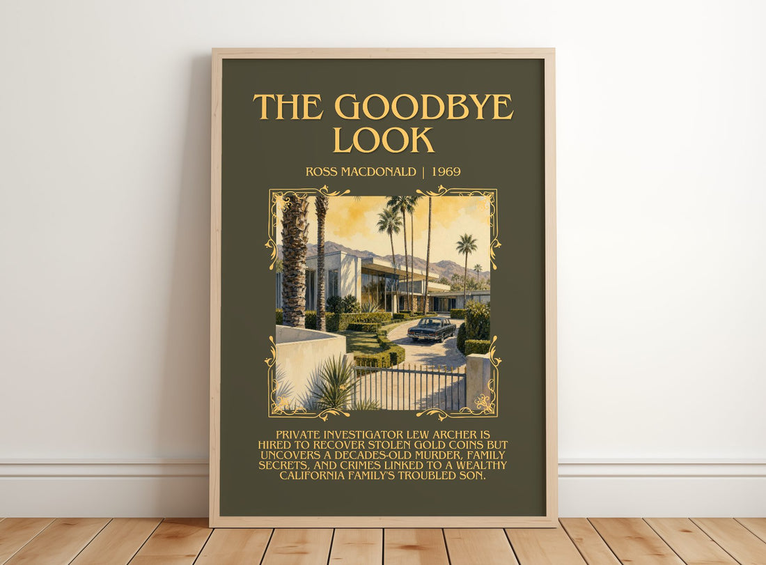 The Goodbye Look Minimalist Book Poster by Ross Macdonald – framed print leaning on a wooden floor