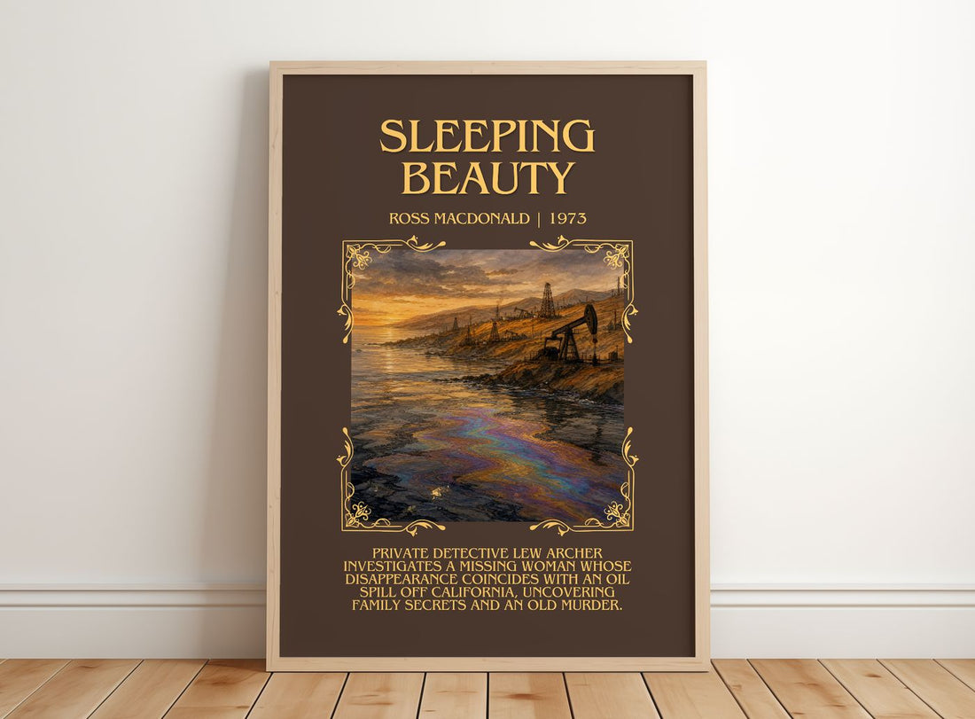 Sleeping Beauty Minimalist Book Poster by Ross Macdonald – framed print leaning on a wooden floor
