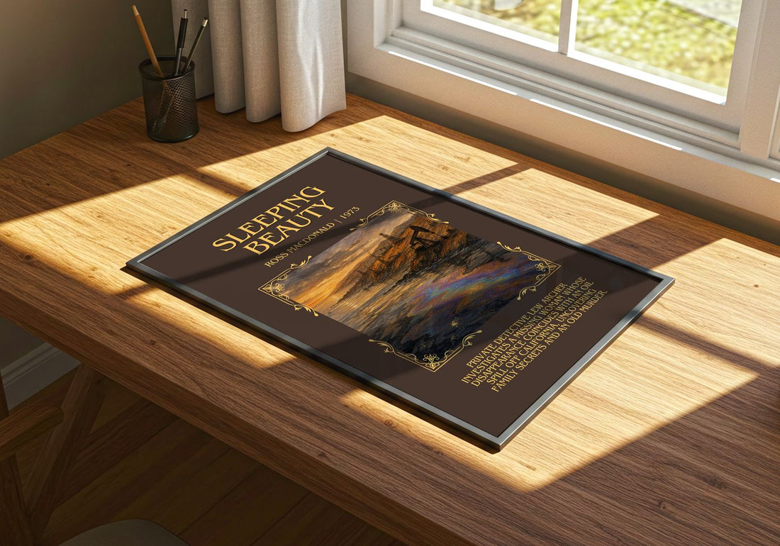 Sleeping Beauty Minimalist Book Poster by Ross Macdonald – print on a sunlit desk
