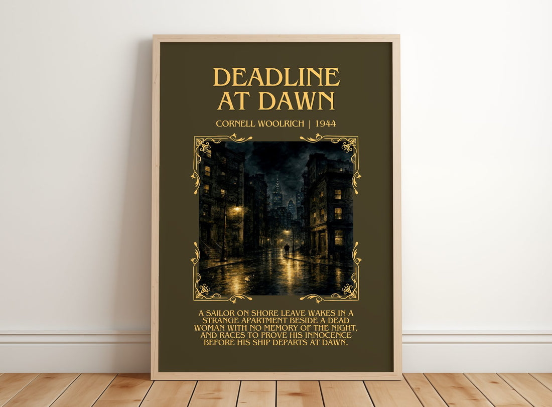 Deadline at Dawn Minimalist Book Poster by Cornell Woolrich – framed print leaning on a wooden floor