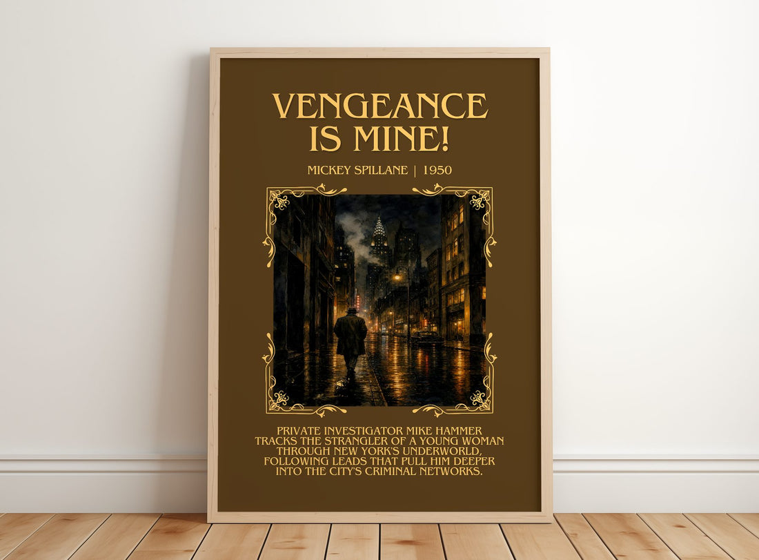 Vengeance Is Mine! Minimalist Book Poster by Mickey Spillane – framed print leaning on a wooden floor