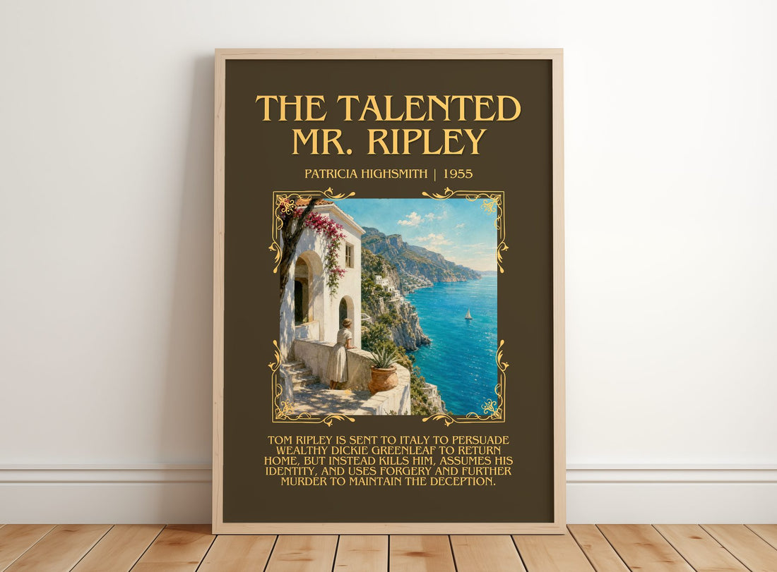 The Talented Mr. Ripley Minimalist Book Poster by Patricia Highsmith – framed print leaning on a wooden floor