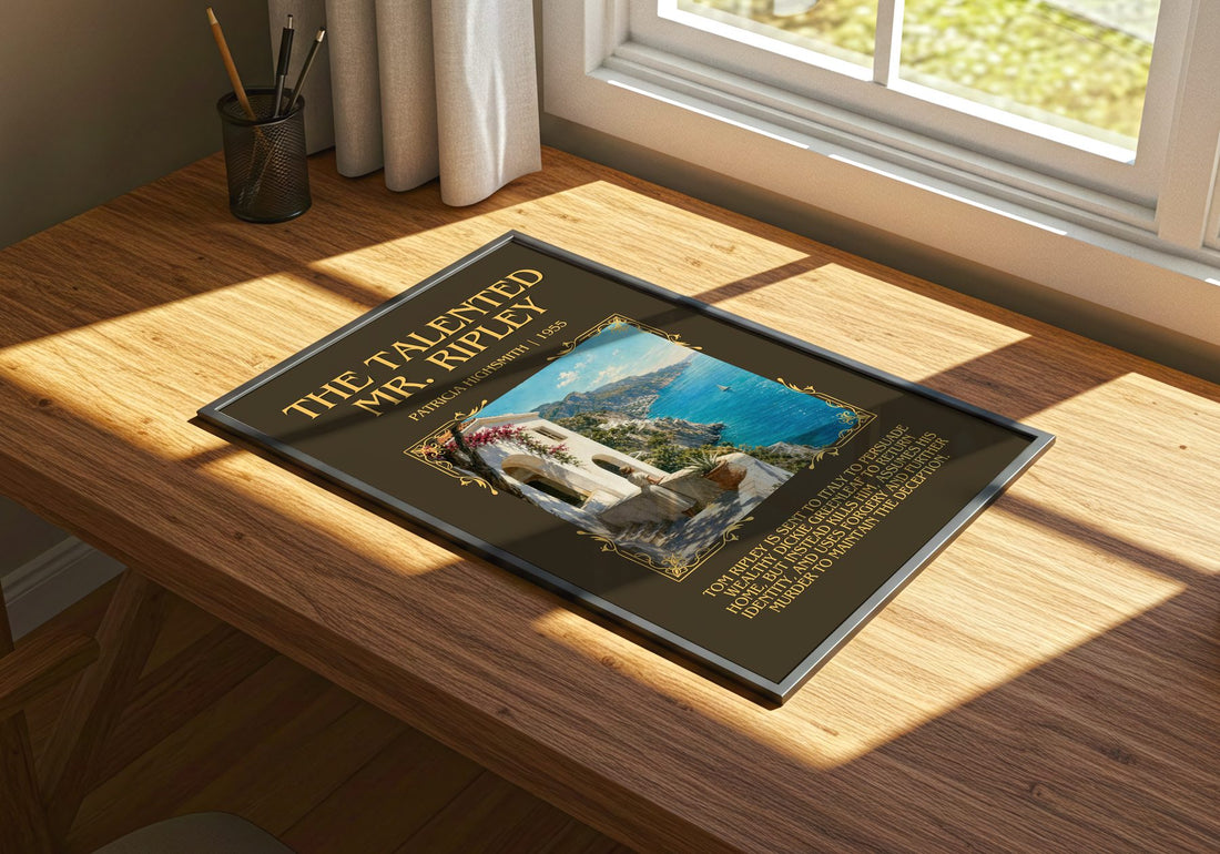 The Talented Mr. Ripley Minimalist Book Poster by Patricia Highsmith – print on a sunlit desk