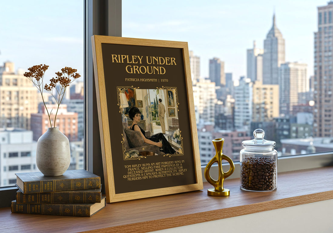 Ripley Under Ground Minimalist Book Poster by Patricia Highsmith – framed print on a city-view windowsill