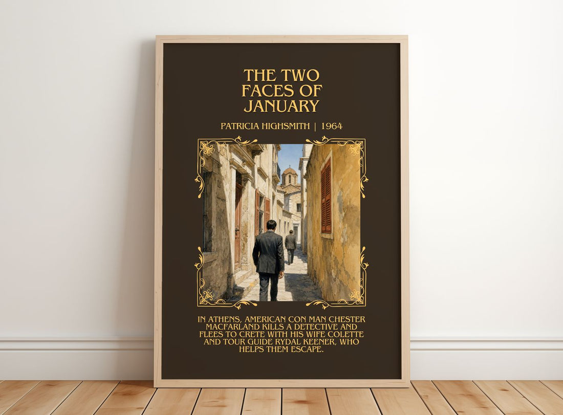 The Two Faces of January Minimalist Book Poster by Patricia Highsmith – framed print leaning on a wooden floor