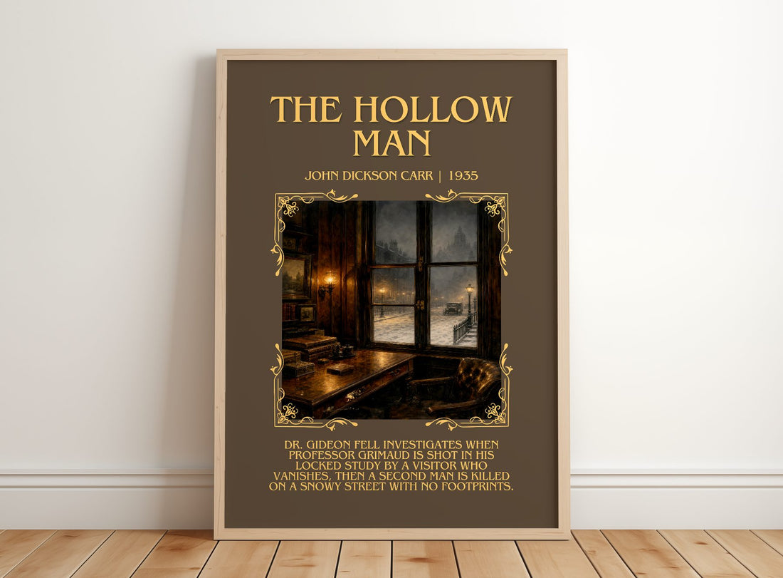 The Hollow Man Minimalist Book Poster by John Dickson Carr – framed print leaning on a wooden floor