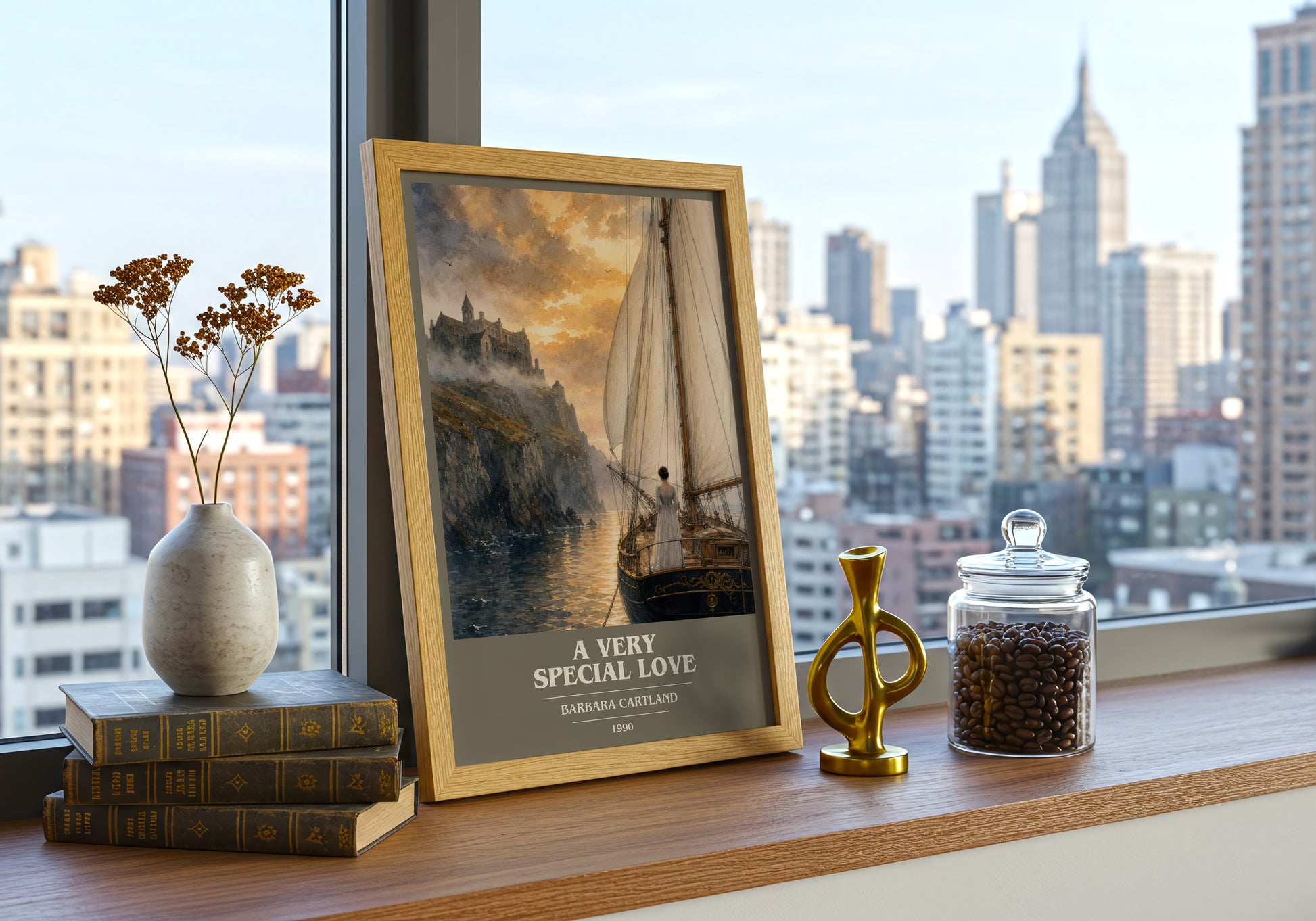 A Very Special Love book cover print framed by window – literary home decor