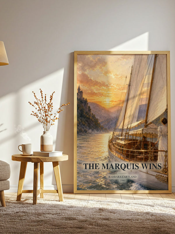 The Marquis Wins watercolour print in frame leaning in hallway – romance wall art