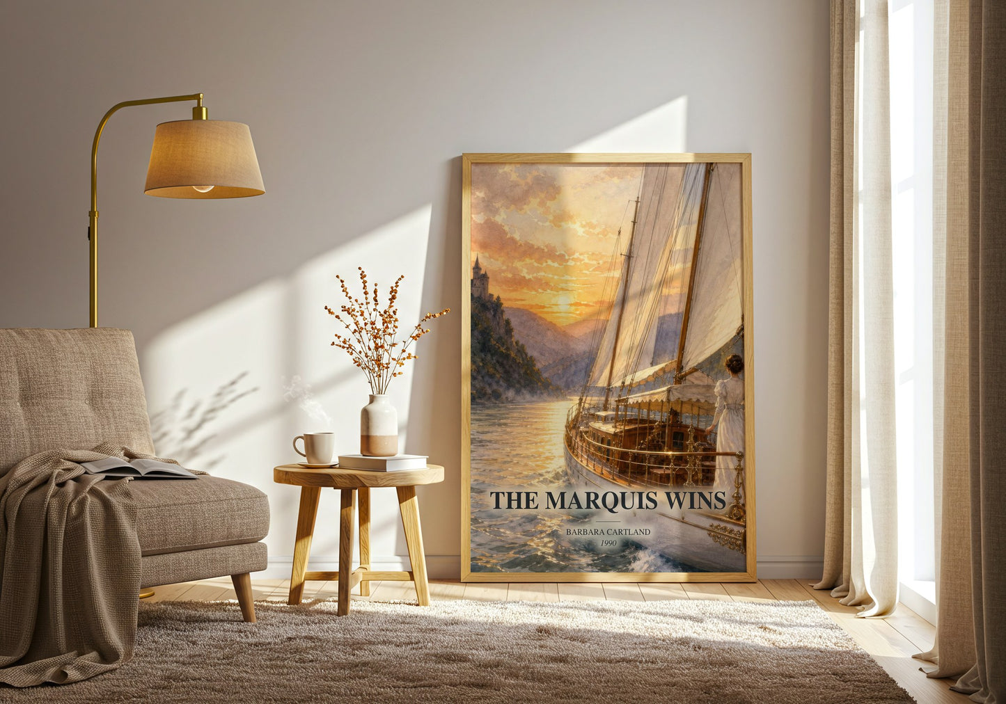 The Marquis Wins watercolour print in frame leaning in hallway – romance wall art