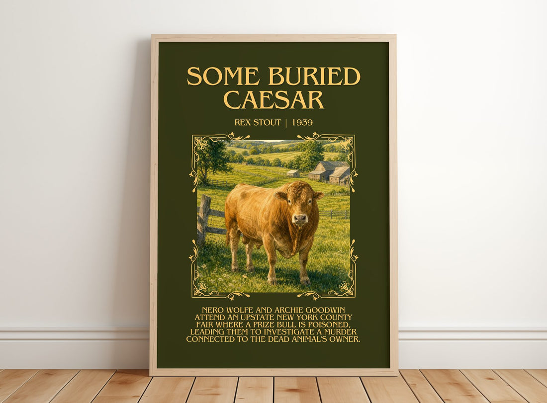 Some Buried Caesar Minimalist Book Poster by Rex Stout – framed print leaning on a wooden floor