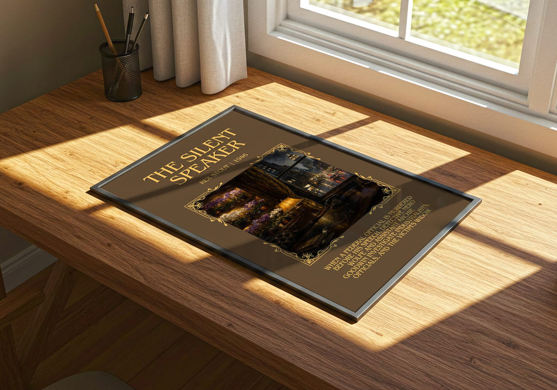 The Silent Speaker Minimalist Book Poster by Rex Stout – print on a sunlit desk
