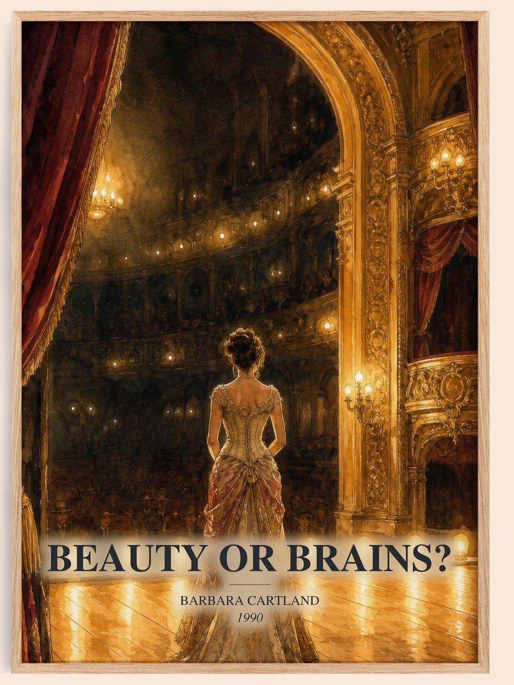 Beauty Or Brains? watercolour book poster by Barbara Cartland – framed literary art print