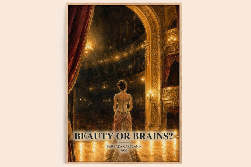 Beauty Or Brains? watercolour book poster by Barbara Cartland – framed literary art print