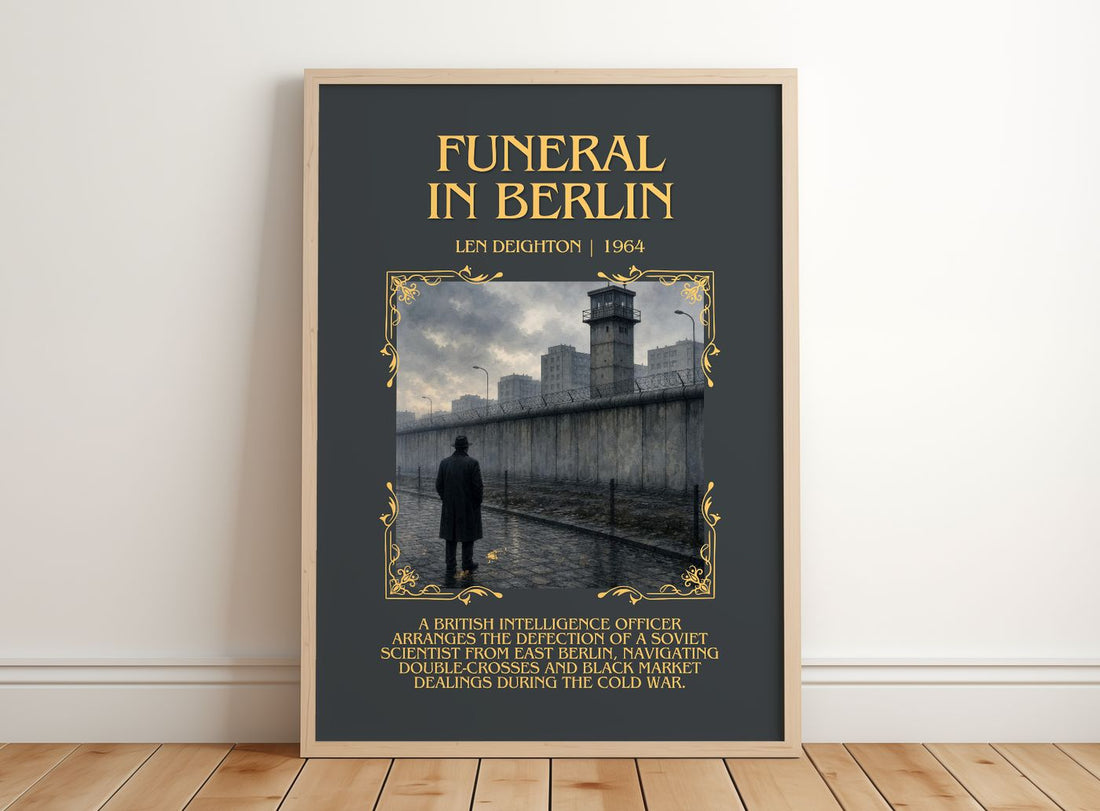Funeral in Berlin Minimalist Book Poster by Len Deighton – framed print leaning on a wooden floor