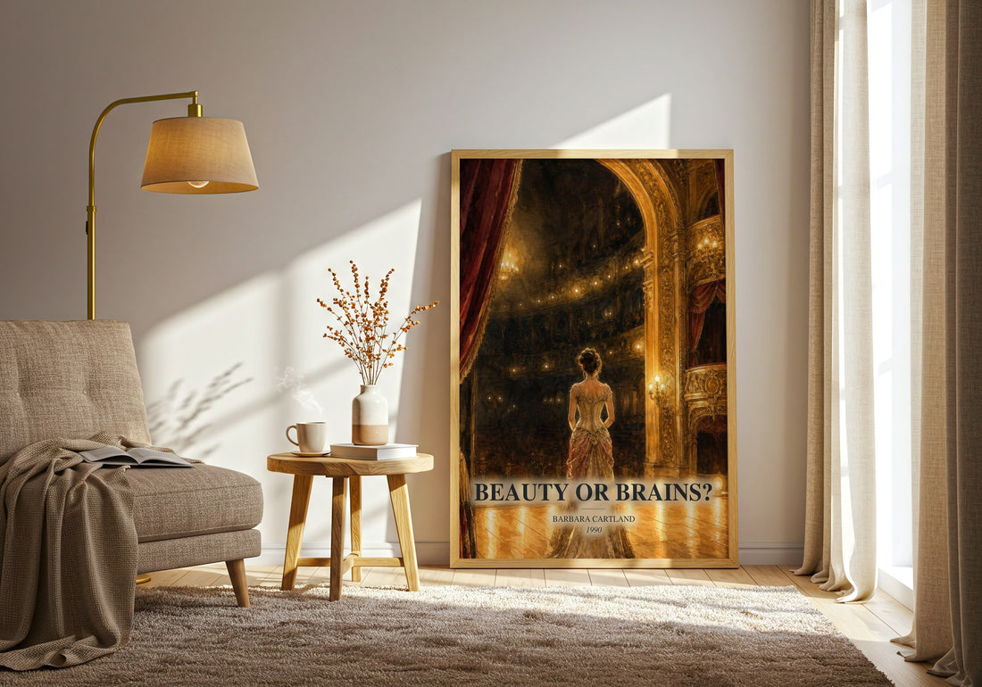 Beauty Or Brains? watercolour print in frame leaning in hallway – romance wall art (mockup)