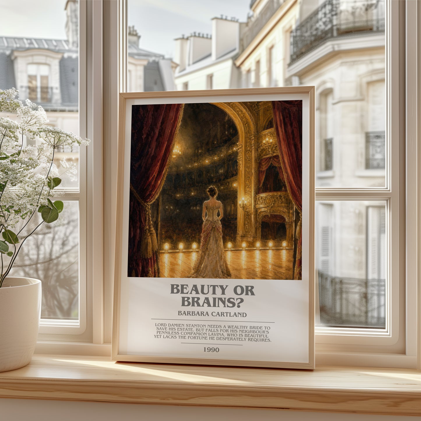 Beauty Or Brains? bookish poster colour and style options – Barbara Cartland book art