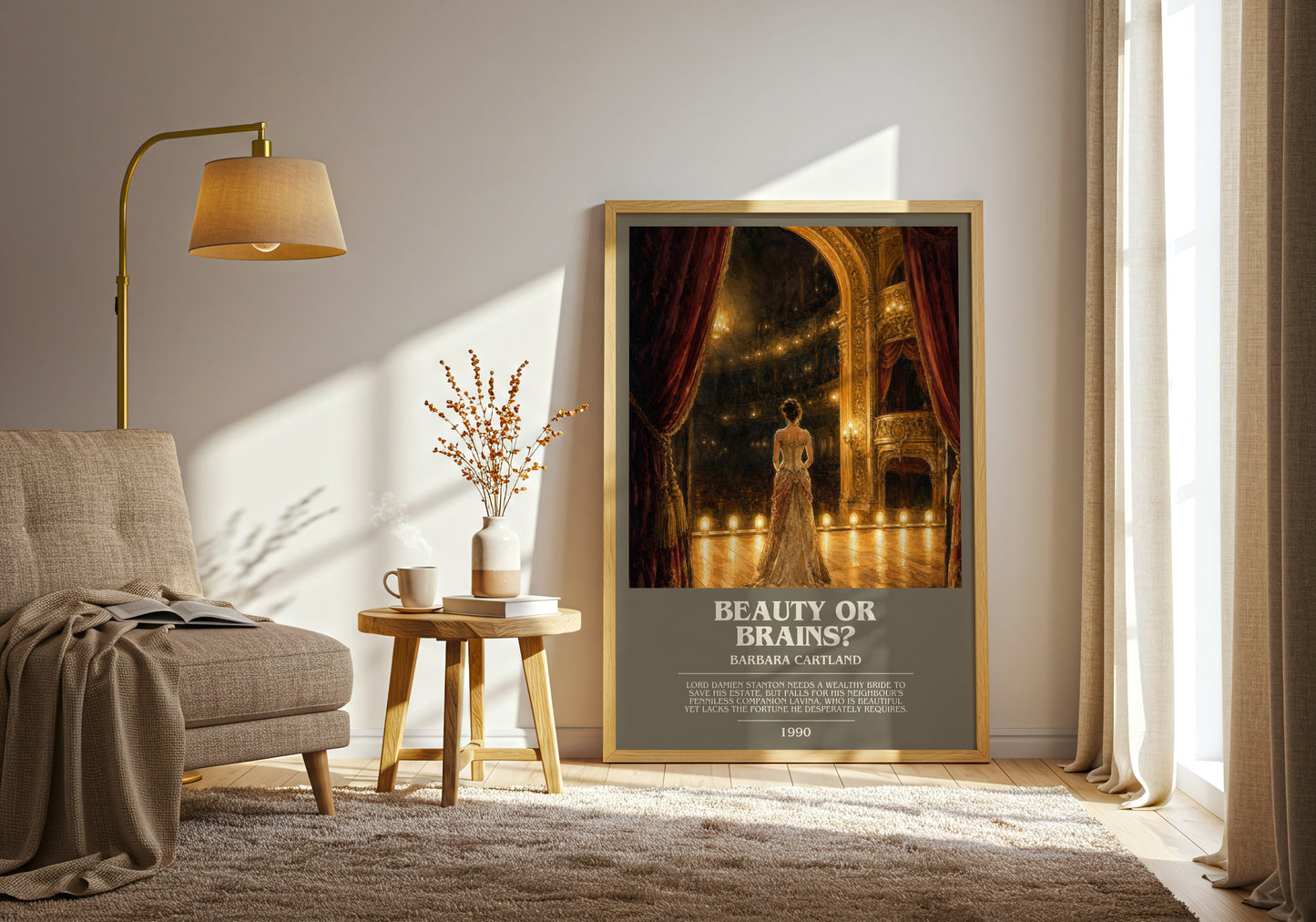Beauty Or Brains? bookish print on bookshelf – Barbara Cartland fan gift
