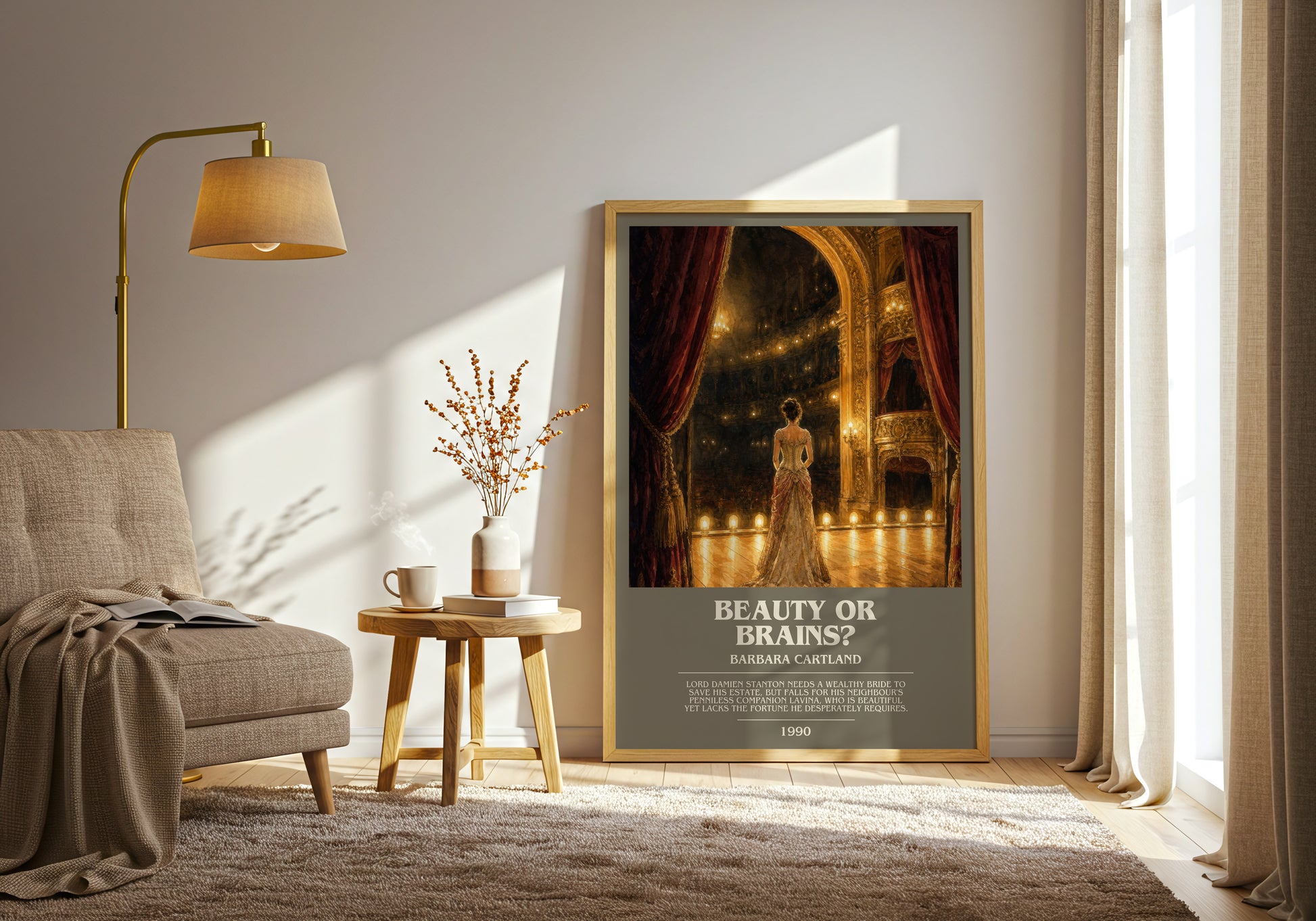 Beauty Or Brains? bookish print on bookshelf – Barbara Cartland fan gift