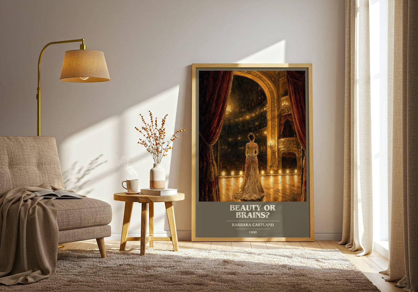 Beauty Or Brains? book cover print on bookshelf – Barbara Cartland fan gift
