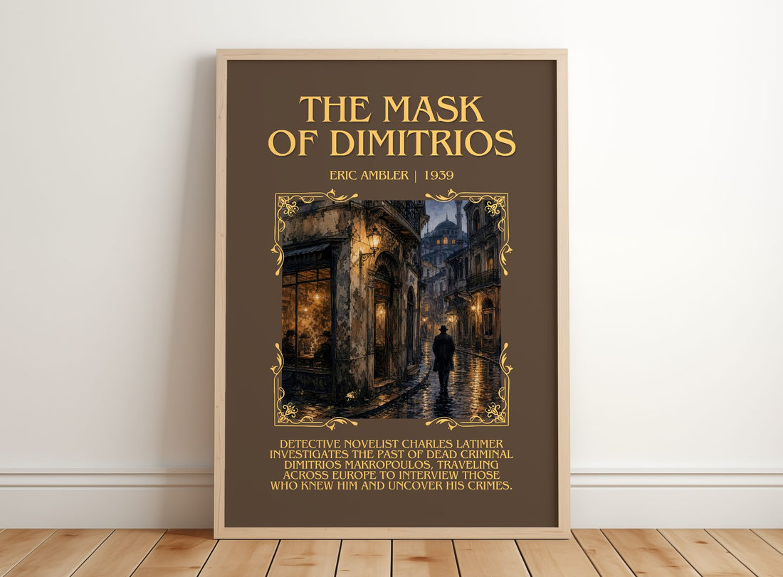 The Mask of Dimitrios Minimalist Book Poster by Eric Ambler – framed print leaning on a wooden floor