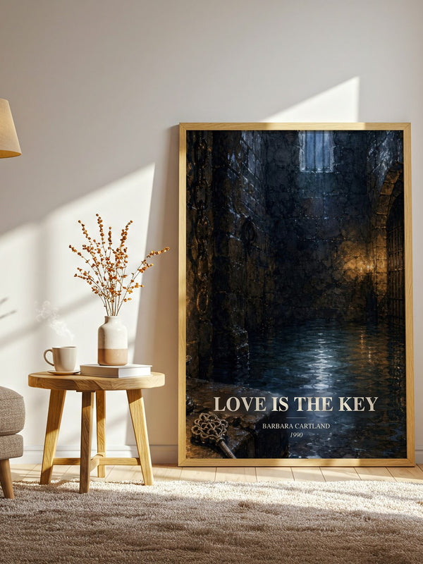 Love Is The Key watercolour print in frame leaning in hallway – romance wall art