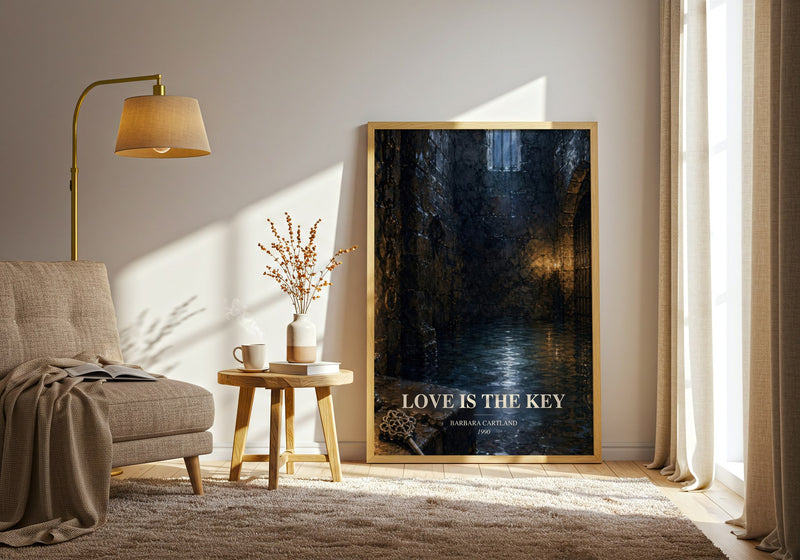 Love Is The Key watercolour print in frame leaning in hallway – romance wall art