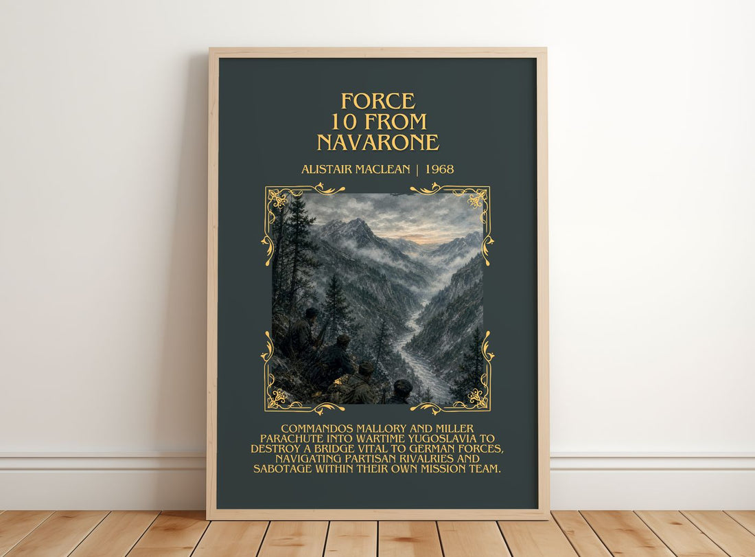 Force 10 from Navarone Minimalist Book Poster by Alistair MacLean – framed print leaning on a wooden floor